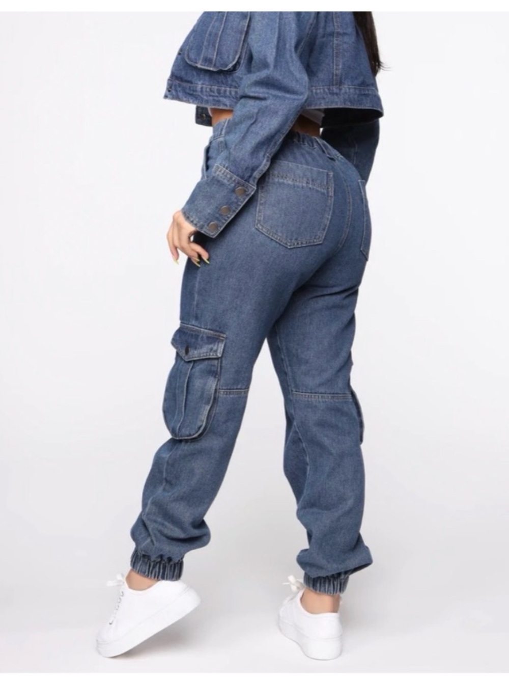 Fashion Nova Blue Relaxed Cargo Denim Jeans with Elastic Cuffs - Picture 9 of 9